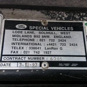 1993 LR LHD 130 Single Cab 200 tdi Special Vehicles ID plate